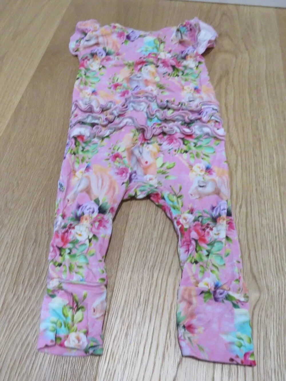 LITTLE BUM BUMS Horn to be Wild Unicorn Ruffle Baby Romper Bamboo 6-9 Months